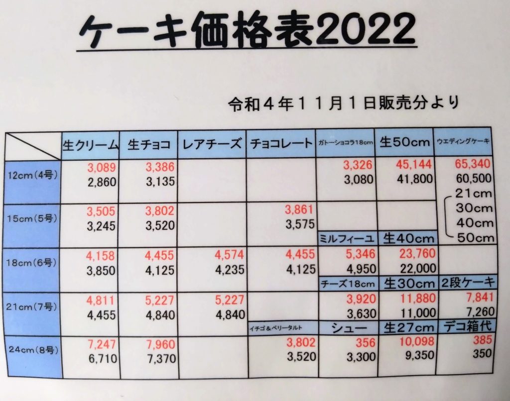 ホールケーキ価格改定